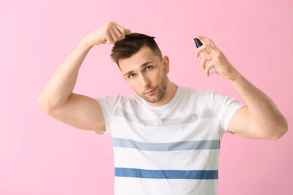 Handsome Young Man Taking Care His Hair Color Background — Stock Photo, Image