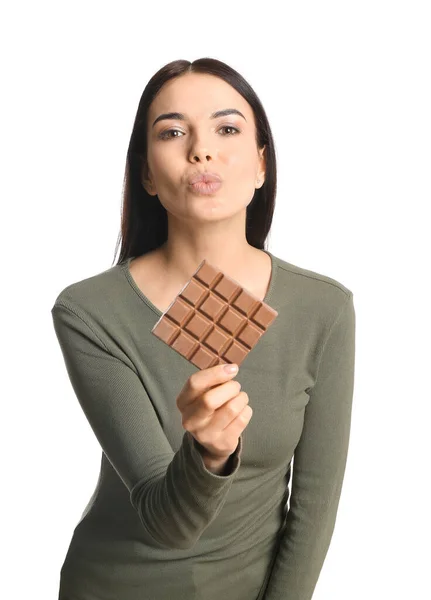 Beautiful Young Woman Tasty Chocolate White Background — Stock Photo, Image
