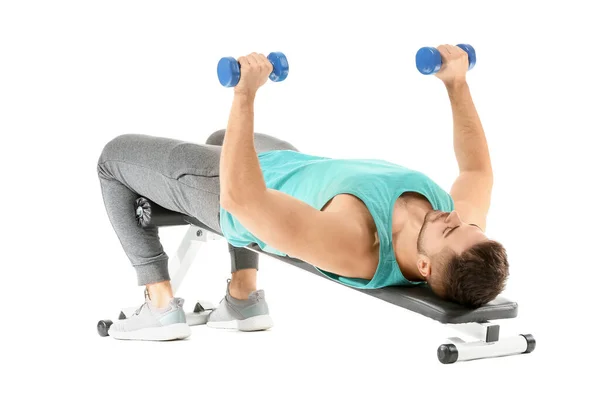 Joven Deportivo Entrenando Con Pesas Sobre Fondo Blanco — Foto de Stock