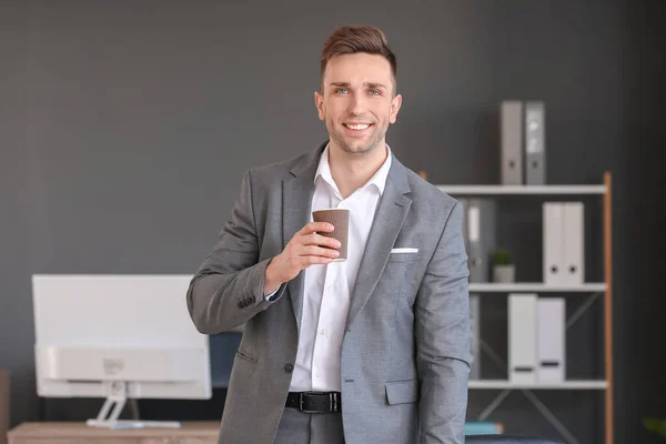 Young Man Drinking Coffee Office — Stock Photo, Image