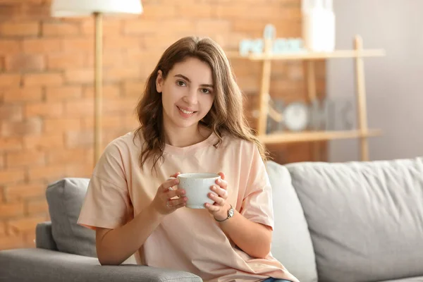 Beautiful Young Girl Drinking Coffee Home — Stock Photo, Image