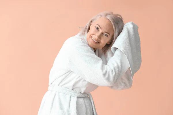 Mature Woman Bathrobe Towel Color Background — Stock Photo, Image