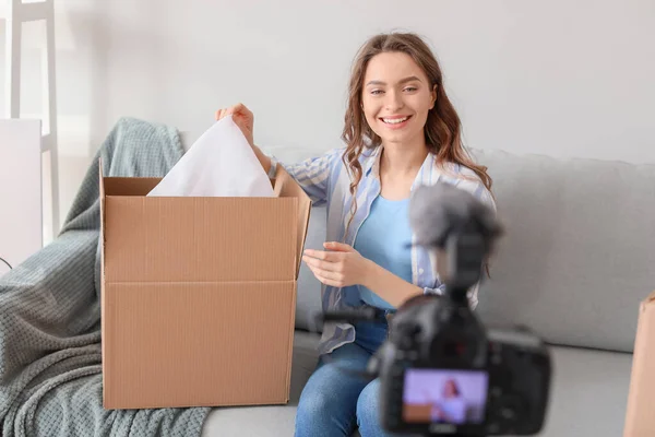 Young Female Blogger Recording Video While Unpacking Parcel Home — Stock Photo, Image