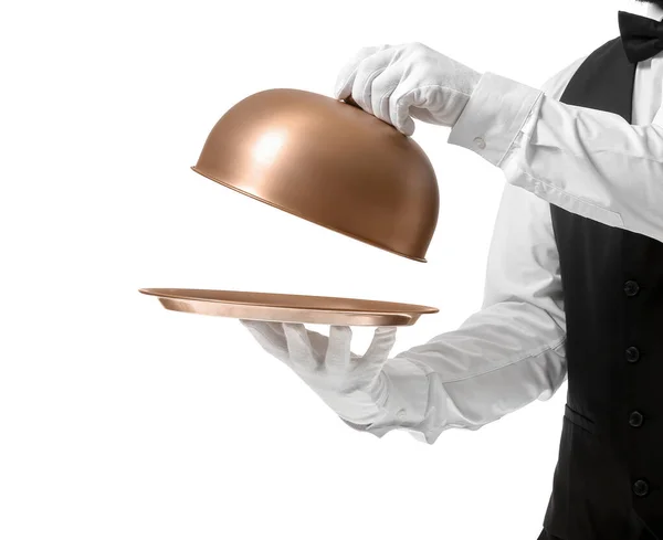 Handsome Male Waiter Tray Cloche White Background — Stock Photo, Image