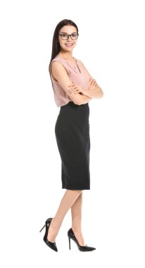 Beyaz arka plan üzerinde güzel genç Sekreteri