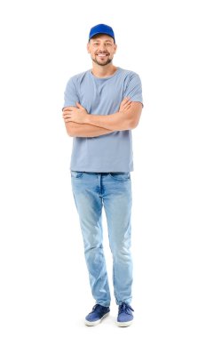 Beyaz arka planda erkek kamyon şoförü