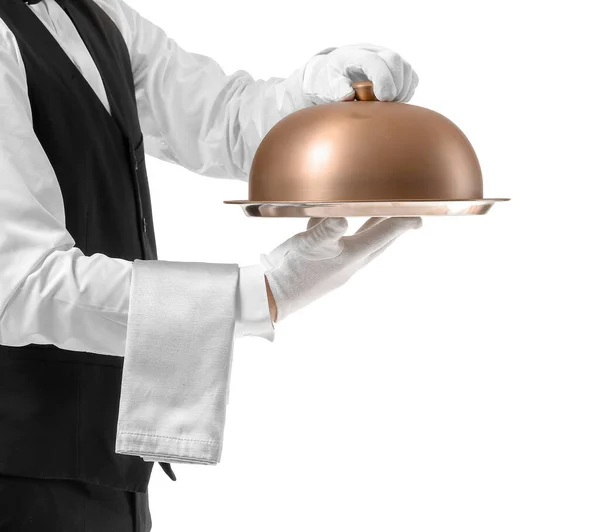 Handsome Male Waiter Tray Cloche White Background — Stock Photo, Image