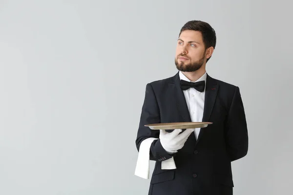 Handsome Male Waiter Grey Background — Stock Photo, Image