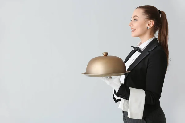 Female Waiter Tray Cloche Grey Background — Stock Photo, Image
