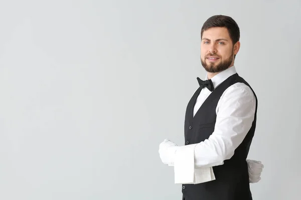 Handsome Male Waiter Grey Background — Stock Photo, Image
