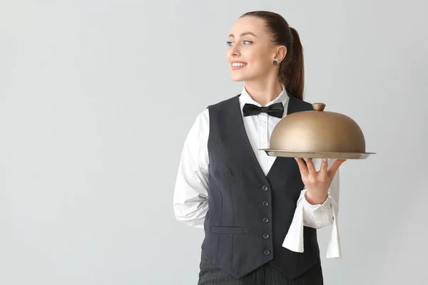 Beautiful Female Waiter Tray Cloche Grey Background — Stock Photo, Image