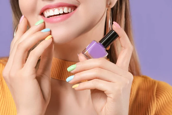 Young Woman Beautiful Manicure Nail Polish Color Background Closeup — Stock Photo, Image