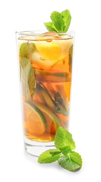 Glass Tasty Cold Ice Tea White Background — Stock Photo, Image