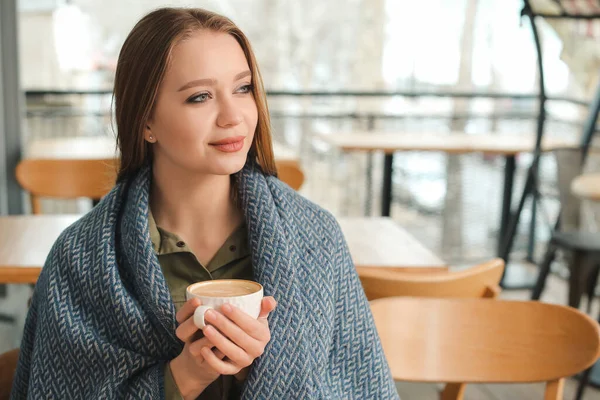 Young Woman Drinking Coffee Cafe — Stock Photo, Image