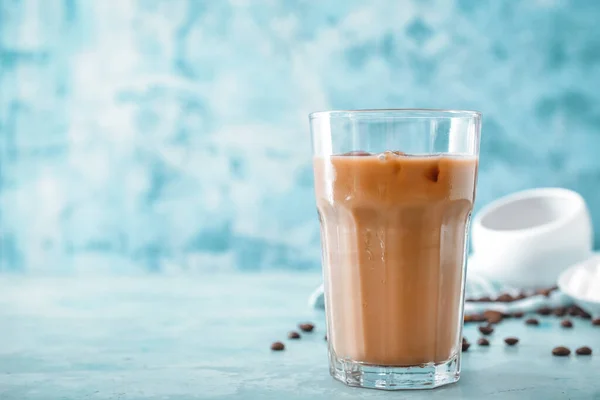 Glass Tasty Iced Coffee Color Background — Stock Photo, Image