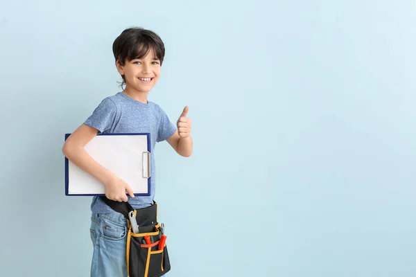 Portrait Little Plumber Showing Thumb Gesture Color Background — Stock Photo, Image