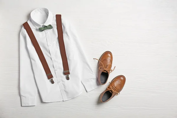 Stylish School Uniform White Wooden Background — Stock Photo, Image