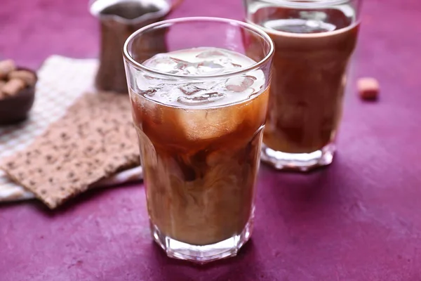 Glass Tasty Iced Coffee Color Background — Stock Photo, Image