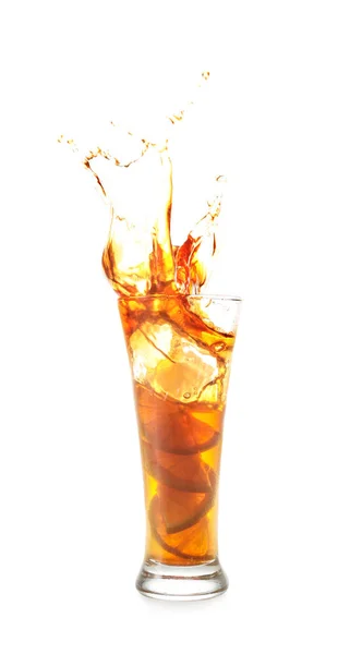 Glass Tasty Cold Ice Tea Splash White Background — Stock Photo, Image