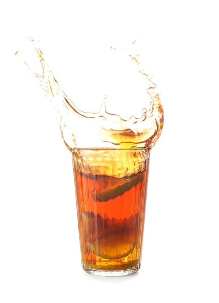 Glass Tasty Cold Ice Tea Splash White Background — Stock Photo, Image