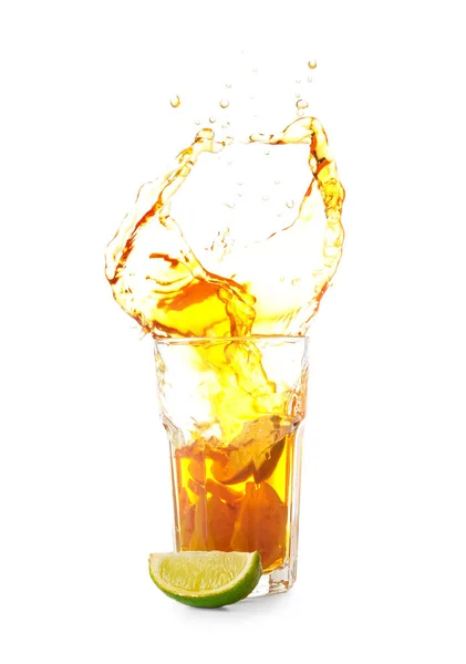 Glass Tasty Cold Ice Tea Splash White Background — Stock Photo, Image