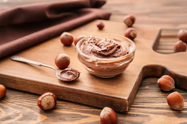 Bowl Tasty Chocolate Paste Hazelnuts Table — Stock Photo, Image