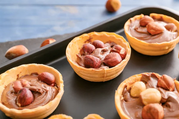 Tartlets Tasty Chocolate Paste Hazelnuts Tray Closeup — Stock Photo, Image
