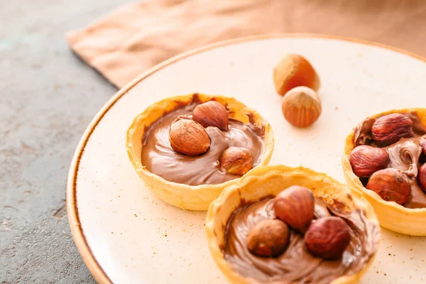 Tartlets Tasty Chocolate Paste Hazelnuts Plate — Stock Photo, Image