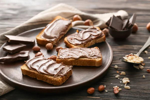 Plate Fresh Bread Chocolate Paste Table — Stock Photo, Image