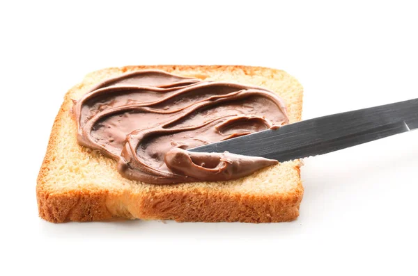 Fresh Bread Tasty Chocolate Paste Knife White Background — Stock Photo, Image