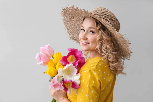 Beautiful Young Woman Bouquet Flowers Light Background — Stock Photo, Image