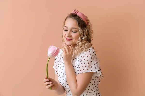 Beautiful Young Woman Flower Color Background — Stock Photo, Image