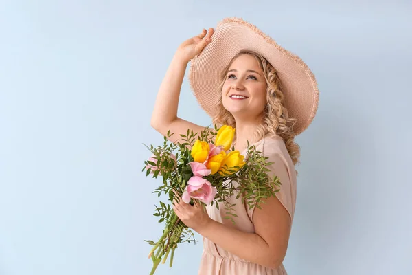 Beautiful Young Woman Bouquet Flowers Color Background — Stock Photo, Image