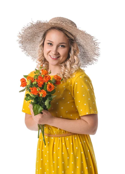 Beautiful Young Woman Bouquet Flowers White Background — Stock Photo, Image