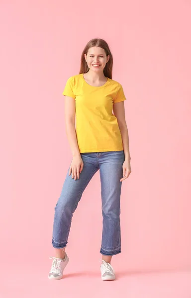 Young Woman Stylish Shirt Color Background — Stock Photo, Image