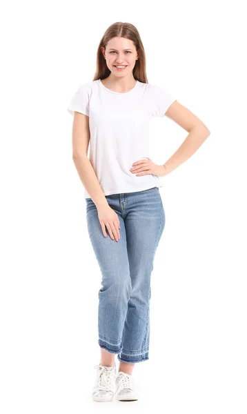 Mujer Joven Elegante Camiseta Sobre Fondo Blanco — Foto de Stock