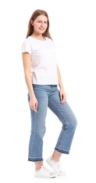 Jonge Vrouw Stijlvol Shirt Witte Achtergrond — Stockfoto