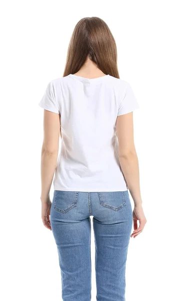 Jeune Femme Shirt Élégant Sur Fond Blanc — Photo