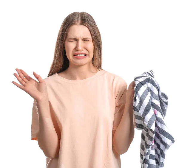 Displeased Woman Dirty Clothes White Background — Stock Photo, Image
