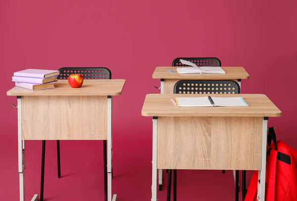 Modern School Desks Color Background — Stock Photo, Image