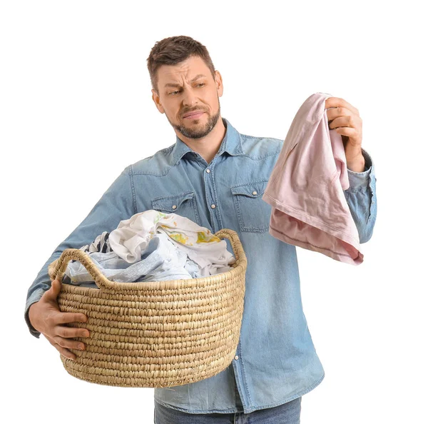 Beyaz Arka Planda Kirli Giysileri Olan Hoşnutsuz Bir Adam — Stok fotoğraf