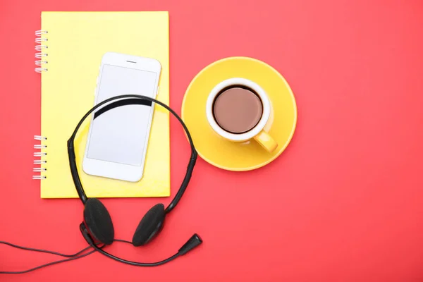 Notebook Mobile Phone Headset Coffee Color Background — Stock Photo, Image