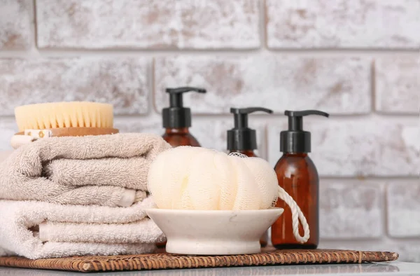 Shower Gels Towels Loofah Bathroom — Stock Photo, Image