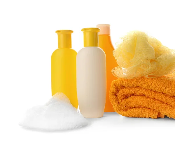 Shower Gels Towel Loofah White Background — Stock Photo, Image