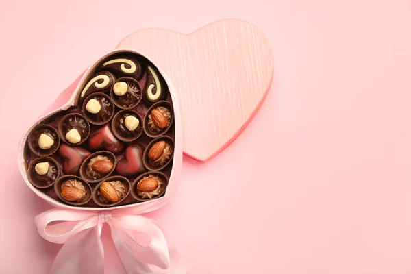 Heart Shaped Box Chocolate Candies Color Background — Stock Photo, Image