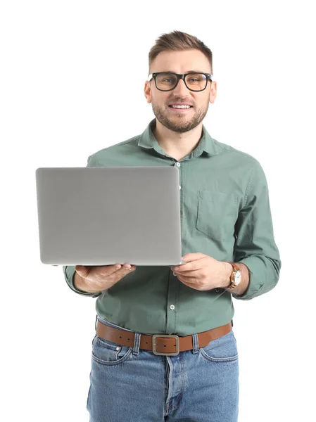 Young Man Laptop White Background — Stock Photo, Image