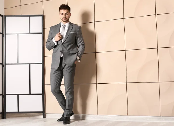Handsome Young Man Elegant Suit Indoors — Stock Photo, Image