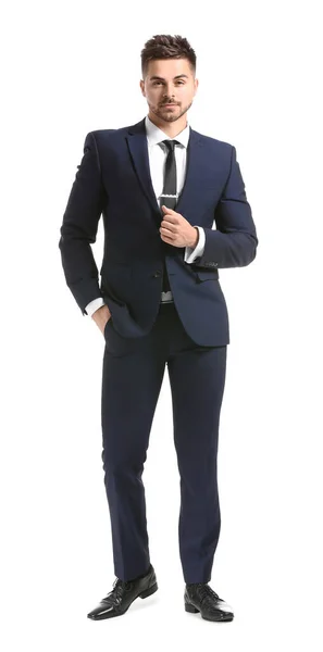 Stilig Ung Man Elegant Kostym Vit Bakgrund — Stockfoto