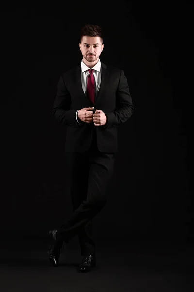 Handsome Young Man Elegant Suit Dark Background — Stock Photo, Image