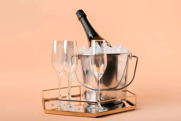 Bucket Ice Bottle Champagne Glasses Color Background — Stock Photo, Image